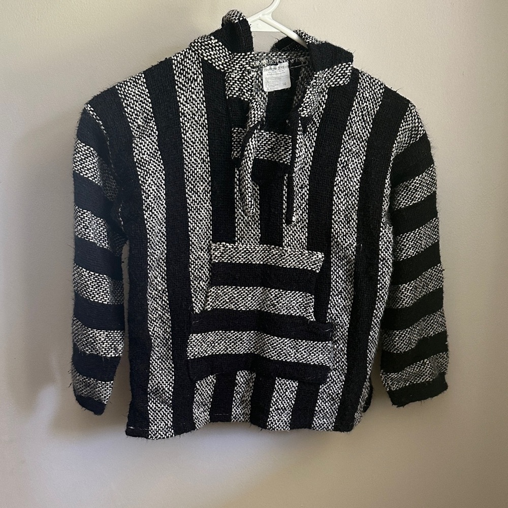 Kids Black and White Striped Baja Hoodie poncho Mexico